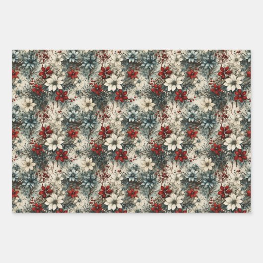 ヴィンテージレトロ伝統的クリスマスポインセチア ラッピングペーパーシート (正面2)