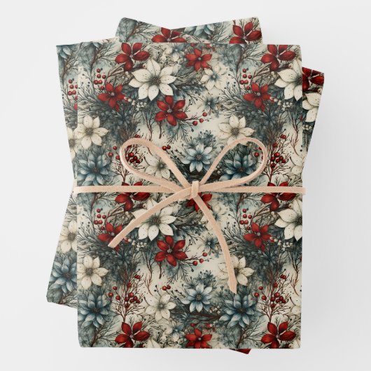 ヴィンテージレトロ伝統的クリスマスポインセチア ラッピングペーパーシート (インサイチュ)