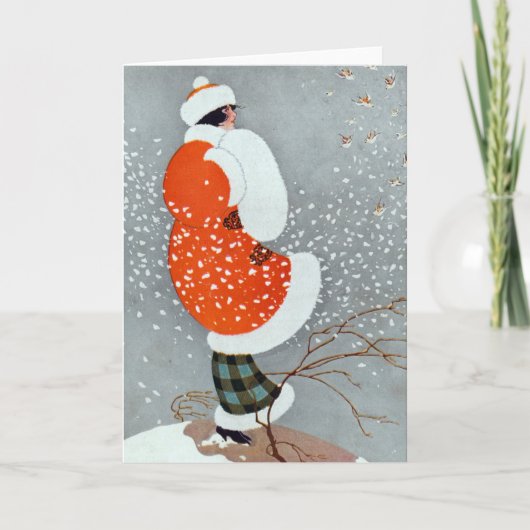 ヴィンテージレトロ冬の女性の雪の灰色の白 カード (正面)