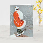 ヴィンテージレトロ冬の女性の雪の灰色の白 カード (黄色い花)