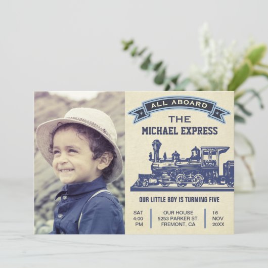 ヴィンテージレトロ列車子供の誕生日パーティの招待状 招待状 (スタンド正面)