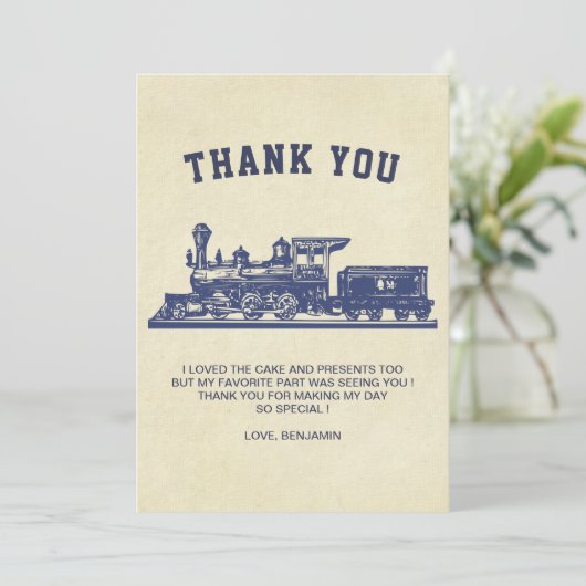 ヴィンテージレトロ列車子供の誕生日パーティー サンキューカード (スタンド正面)