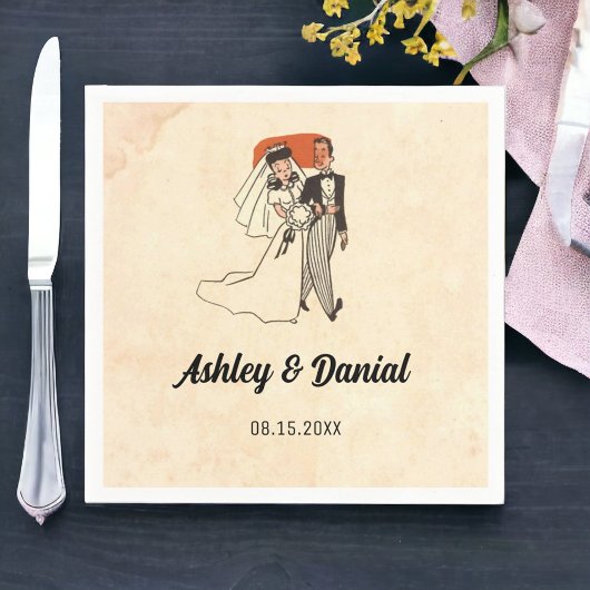 ヴィンテージレトロ古い素朴な漫画本結婚カップル スタンダードカクテルナプキン