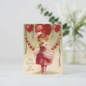 ヴィンテージレトロ女の子ハート矢印バレンタインカード シーズンポストカード (スタンド正面)