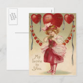 ヴィンテージレトロ女の子ハート矢印バレンタインカード シーズンポストカード (正面/裏面)