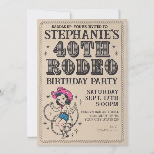 ヴィンテージレトロ女性のカーボーイ40th誕生日パーティー 招待状 (正面)