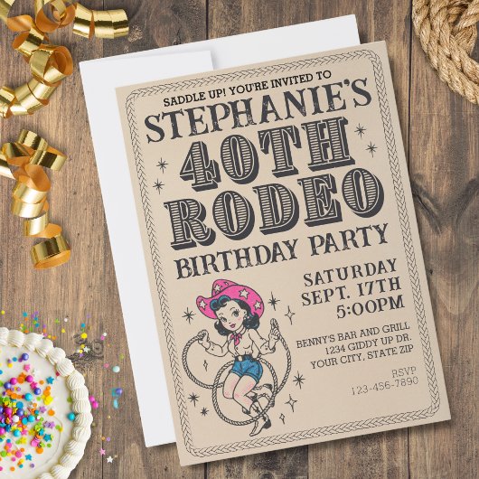 ヴィンテージレトロ女性のカーボーイ40th誕生日パーティー 招待状