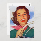 ヴィンテージレトロ女性の女性の運転車の後 ポストカード (正面/裏面)