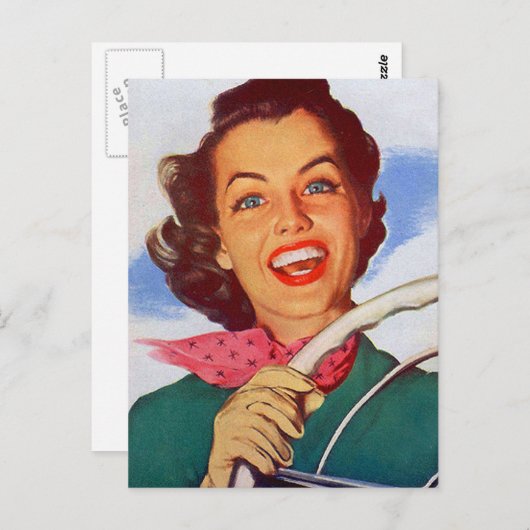 ヴィンテージレトロ女性の女性の運転車の後 ポストカード (正面/裏面)