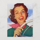 ヴィンテージレトロ女性の女性の運転車の後 ポストカード (正面)