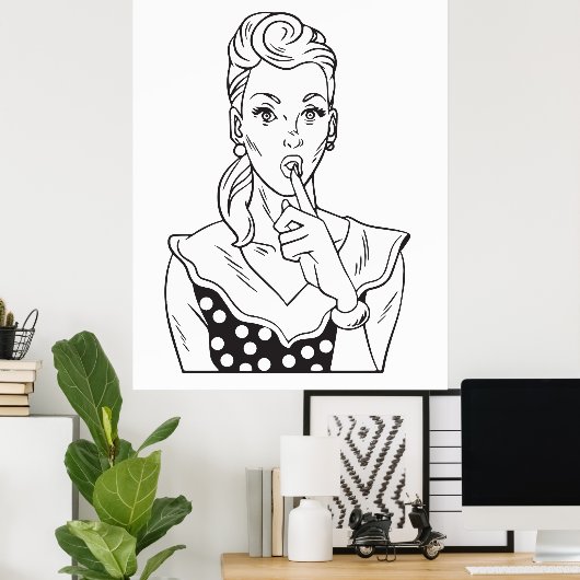 ヴィンテージレトロ女性は静かに滞在するジェスチャリング ポスター (ホームオフィス)