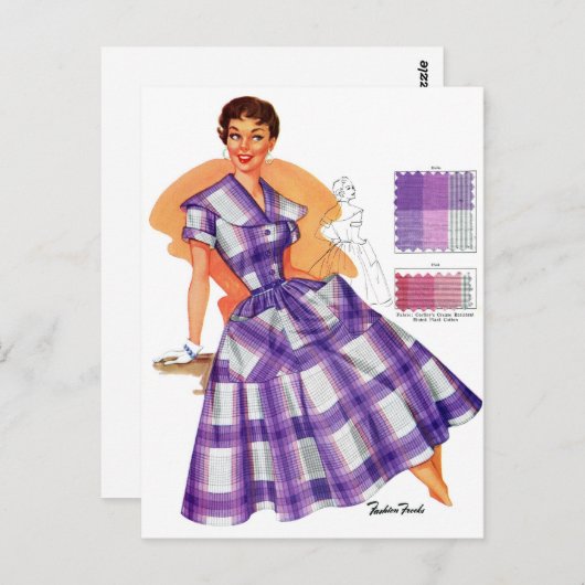 ヴィンテージレトロ女性ファッション(女性用)ドレスプレイド ポストカード (正面/裏面)