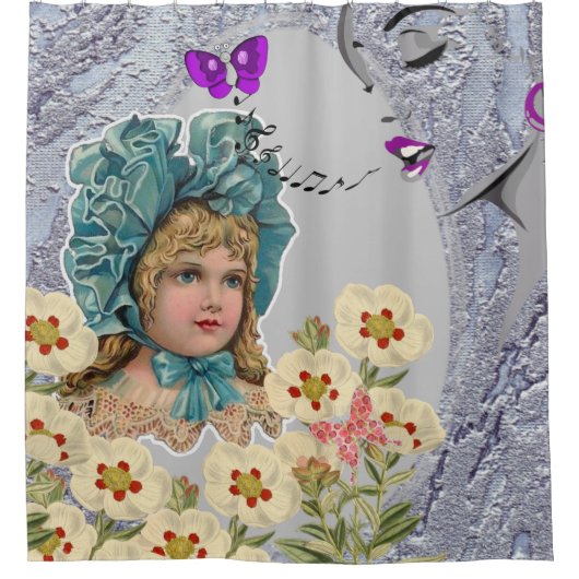 ヴィンテージレトロ女性フローラシャワーカーテン シャワーカーテン (正面)