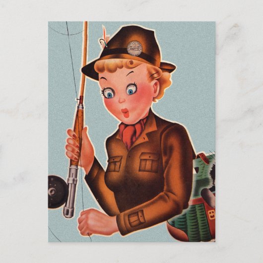 ヴィンテージレトロ女性飛んでいる魚釣り女性 ポストカード (正面)