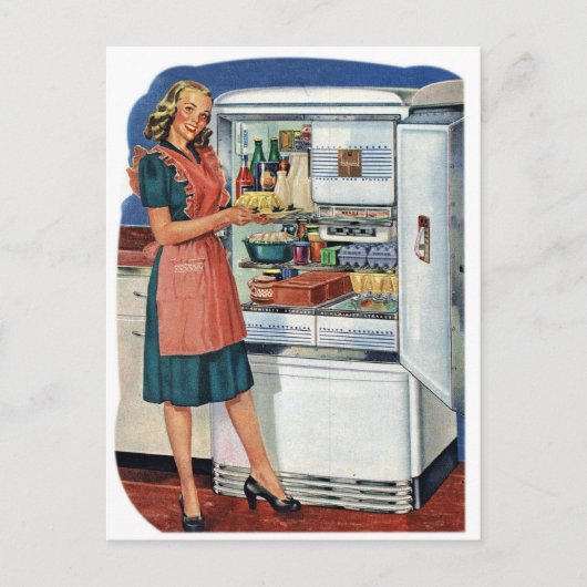 ヴィンテージレトロ女性50sキッチンフル冷蔵庫 ポストカード (正面)