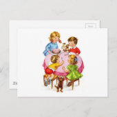 ヴィンテージレトロ子どもの誕生日パーティー犬の子猫 インビテーションポストカード (正面/裏面)