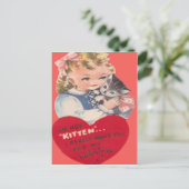 ヴィンテージレトロ小さな女の子&キッテンバレンタインカード シーズンポストカード (スタンド正面)
