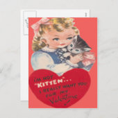 ヴィンテージレトロ小さな女の子&キッテンバレンタインカード シーズンポストカード (正面/裏面)