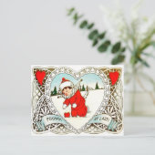 ヴィンテージレトロ少年が雪のバレンタインにハートを見つける シーズンポストカード (スタンド正面)