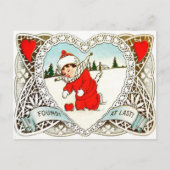 ヴィンテージレトロ少年が雪のバレンタインにハートを見つける シーズンポストカード (正面)