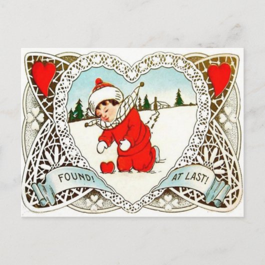 ヴィンテージレトロ少年が雪のバレンタインにハートを見つける シーズンポストカード (正面)