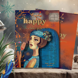 ヴィンテージレトロ新年オレンジブルー カード