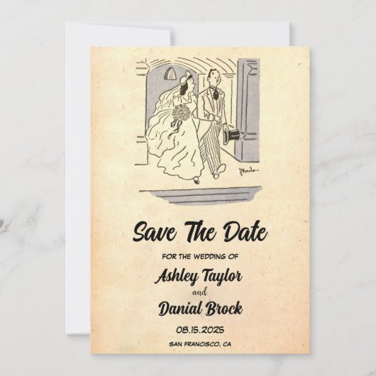 ヴィンテージレトロ新郎新婦の結婚式の日付を保存 招待状 (正面)
