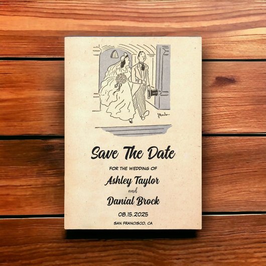ヴィンテージレトロ新郎新婦の結婚式の日付を保存 招待状