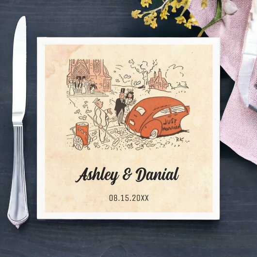 ヴィンテージレトロ新郎新婦オールド漫画素朴ズ結婚 スタンダードカクテルナプキン