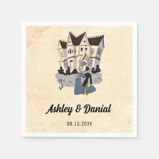 ヴィンテージレトロ新郎新婦オールド漫画素朴ズ結婚 スタンダードカクテルナプキン (正面)