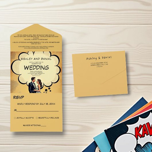 ヴィンテージレトロ新郎新婦漫画ブック結婚ズ オールインワン招待状