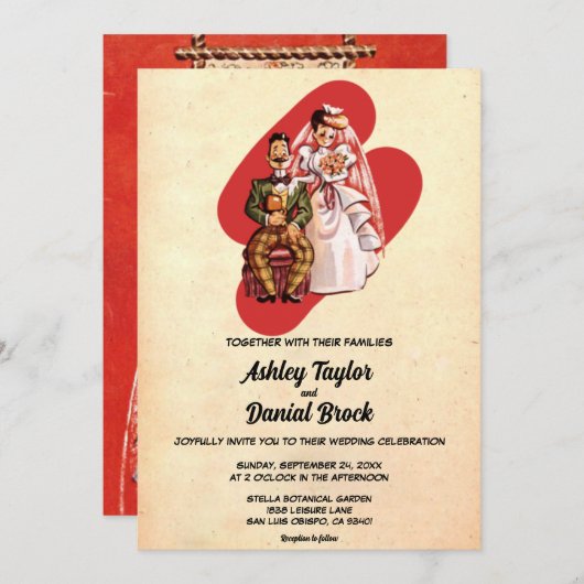 ヴィンテージレトロ新郎新婦50クラシックs結婚の 招待状 (正面/裏面)