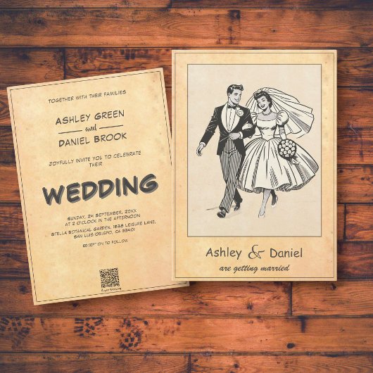 ヴィンテージレトロ新郎新婦50s漫画結婚ズ 招待状