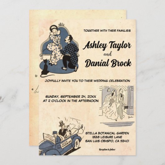 ヴィンテージレトロ旧クラシック漫画ブックスタイル結婚ズ 招待状 (正面/裏面)