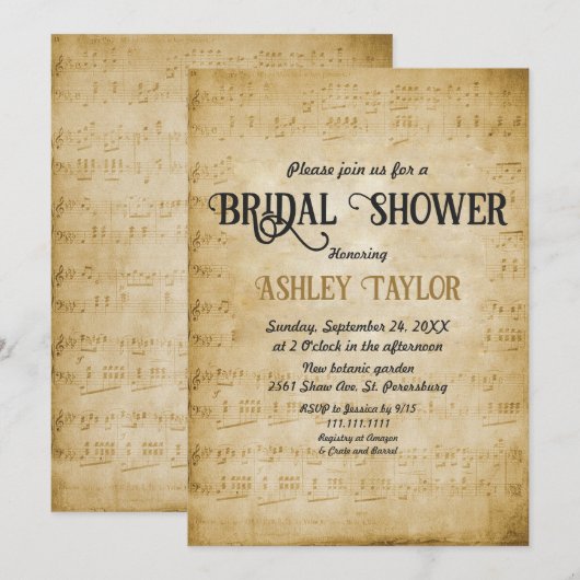 ヴィンテージレトロ旧シート音楽ノートブライダルシャワー 招待状 (正面/裏面)