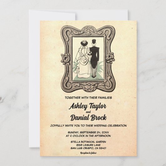 ヴィンテージレトロ旧スタイルカップル漫画ブック結婚 招待状 (正面)