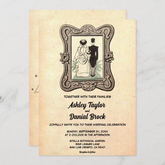 ヴィンテージレトロ旧スタイルカップル漫画ブック結婚 招待状 (正面/裏面)