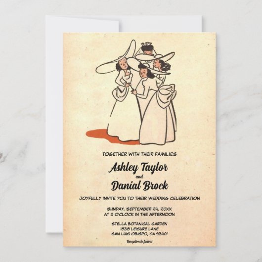 ヴィンテージレトロ旧スタイル素朴ブリデスマ結婚イド 招待状 (正面)
