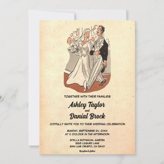 ヴィンテージレトロ旧古代ポップ・アートのカップル結婚アート 招待状 (正面)