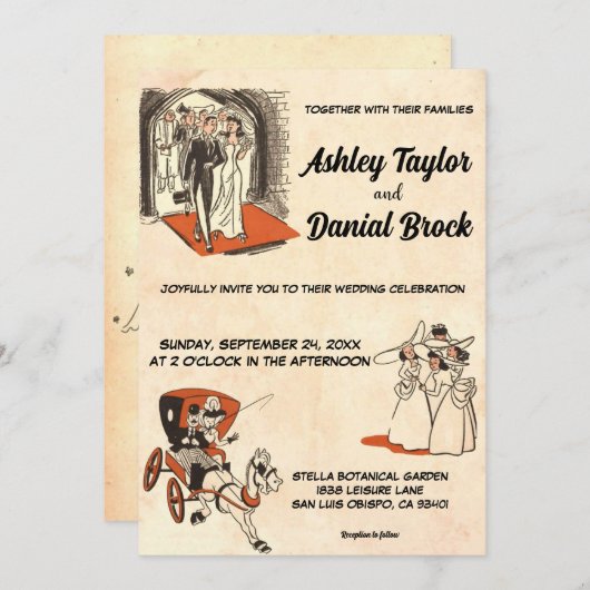 ヴィンテージレトロ旧古代ポップ・アートの美術素朴結婚ズ 招待状 (正面/裏面)