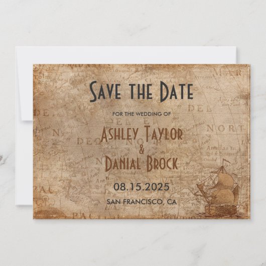 ヴィンテージレトロ旧地図クラシック船結婚の セーブザデート (正面)