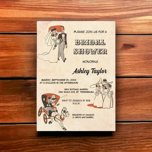 ヴィンテージレトロ旧漫画をテーマにしたシックブライダルシャワー 招待状