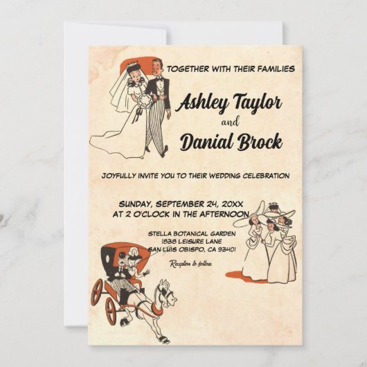 ヴィンテージレトロ旧田舎風50年代の漫画をテーマ結婚にした 招待状 (正面)
