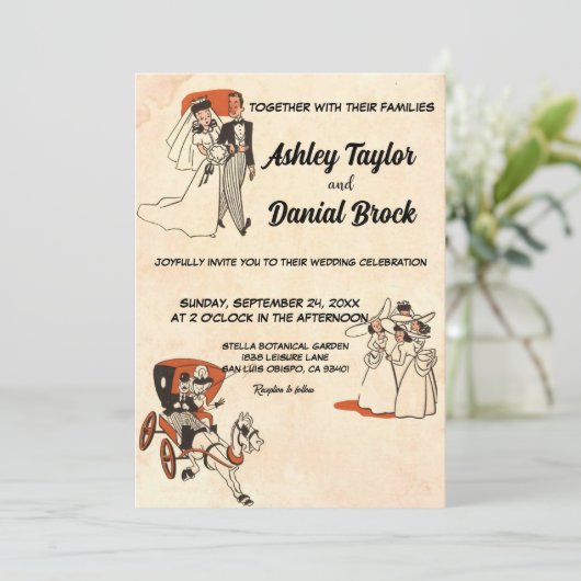 ヴィンテージレトロ旧田舎風50年代の漫画をテーマ結婚にした 招待状 (スタンド正面)