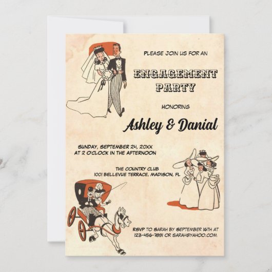ヴィンテージレトロ旧50s漫画テーマ婚約パーティ 招待状 (正面)