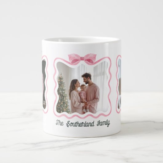 ヴィンテージレトロ波形ピンクリボンフォトコラージュ ジャンボコーヒーマグカップ (正面)