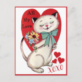 ヴィンテージレトロ猫と花バレンタインデー シーズンポストカード (正面)