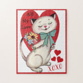 ヴィンテージレトロ猫と花バレンタインデー ジグソーパズル (縦)