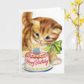 ヴィンテージレトロ猫の子ネコのお誕生日ケーキの挨拶 カード (黄色い花)