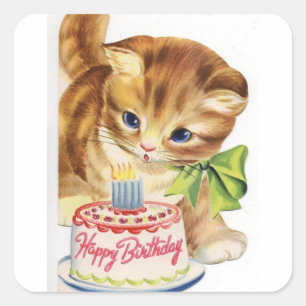 ヴィンテージレトロ猫の子ネコのお誕生日ケーキの挨拶 スクエアシール